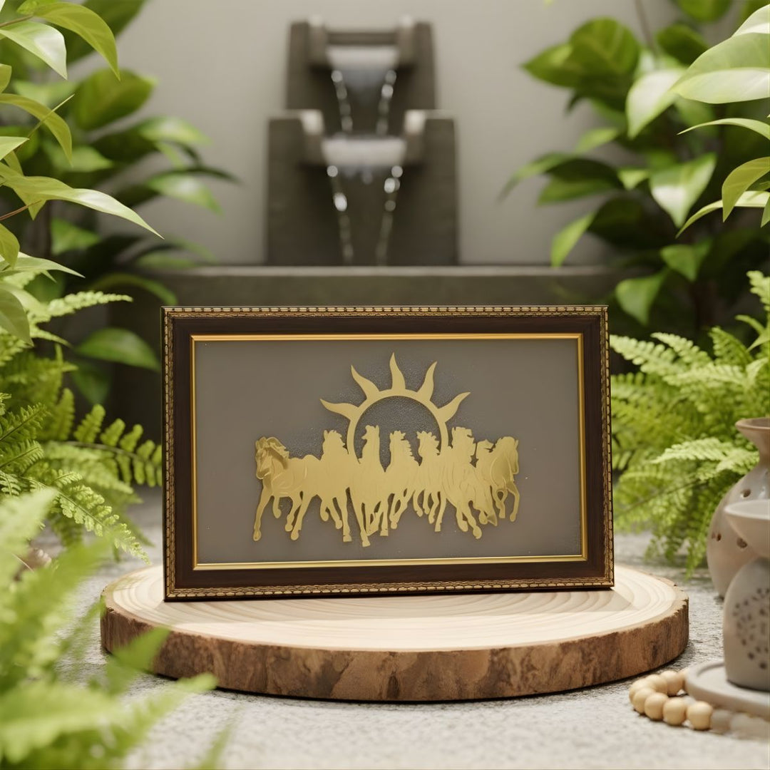 Decorative piece with horse and sun design on a wooden stand surrounded by plants.