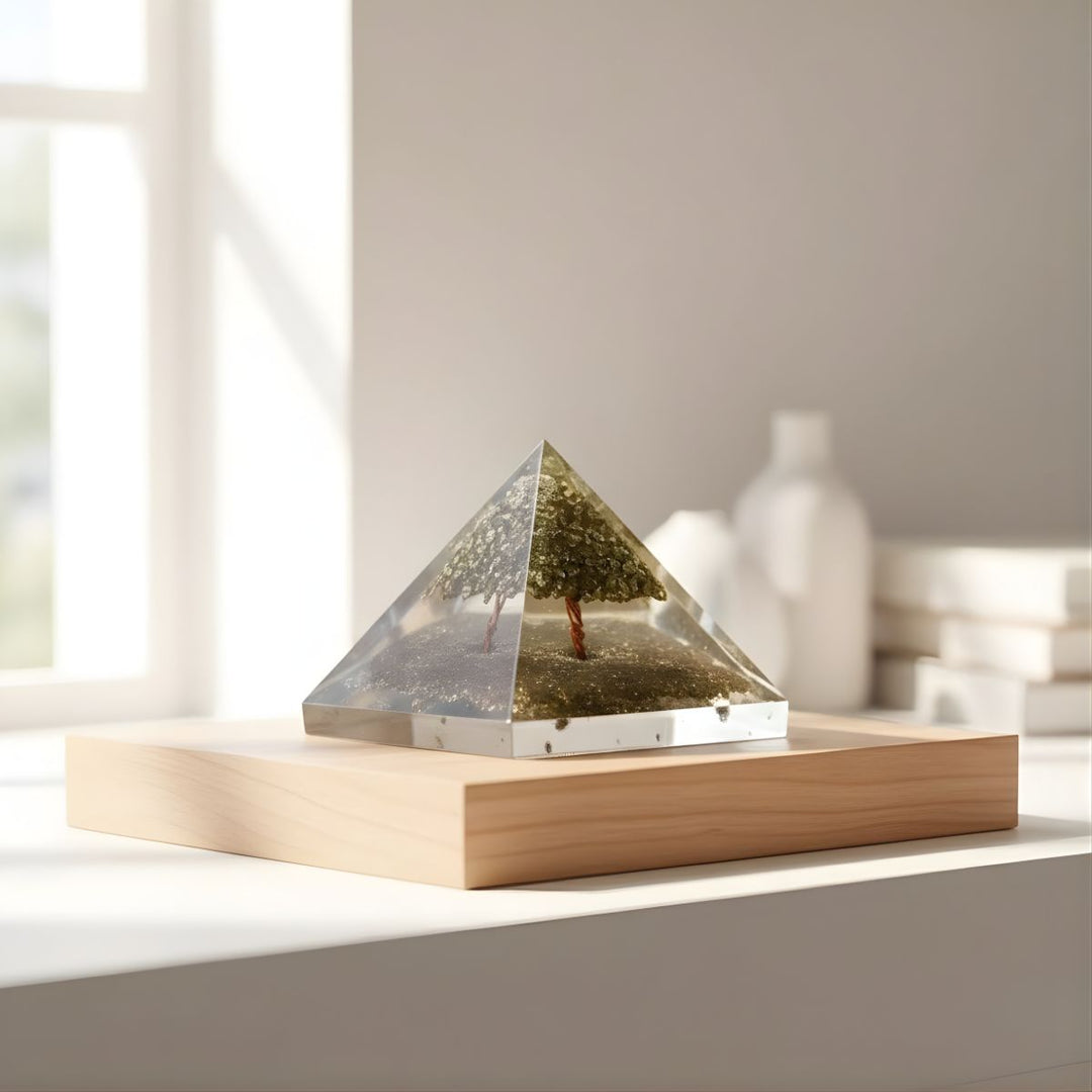 Pyramid-shaped decorative item on a wooden base with a blurred indoor background