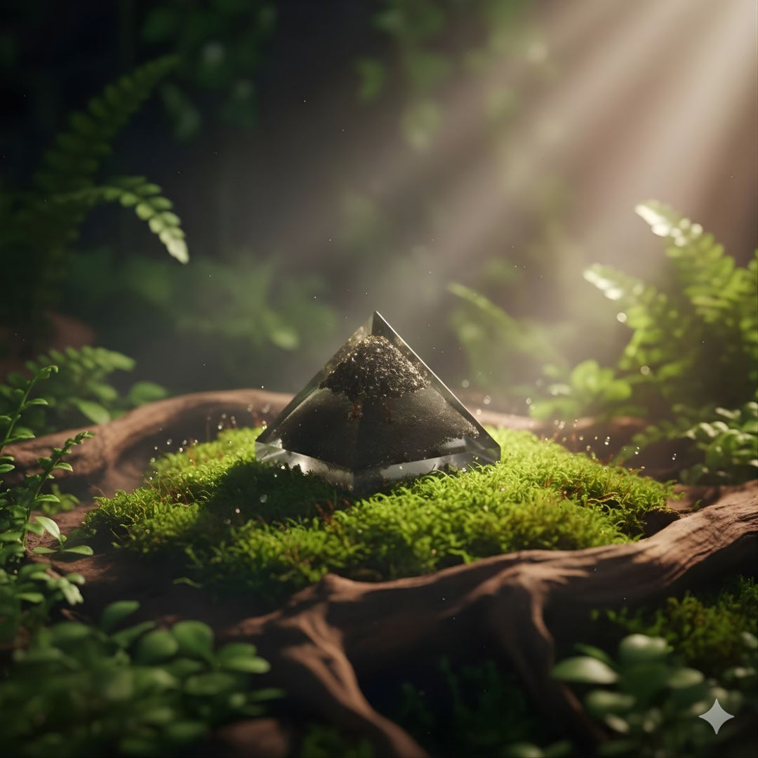 Crystal pyramid on a bed of green moss with sunlight filtering through leaves
