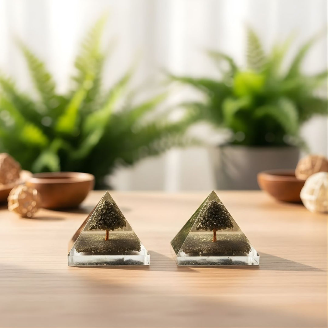 Two pyramid-shaped decorative items on a wooden surface with plants in the background
