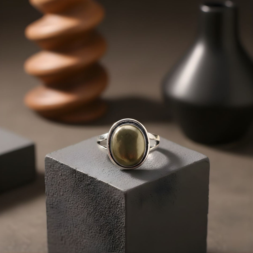 Pyrite Oval Shape Stone Alloy Metal Adjustable Ring