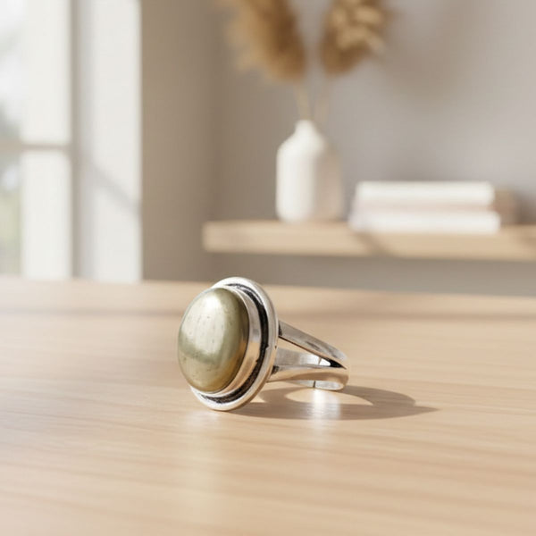 Pyrite Oval Shape Stone Alloy Metal Adjustable Ring -  Pyrite Crystal.